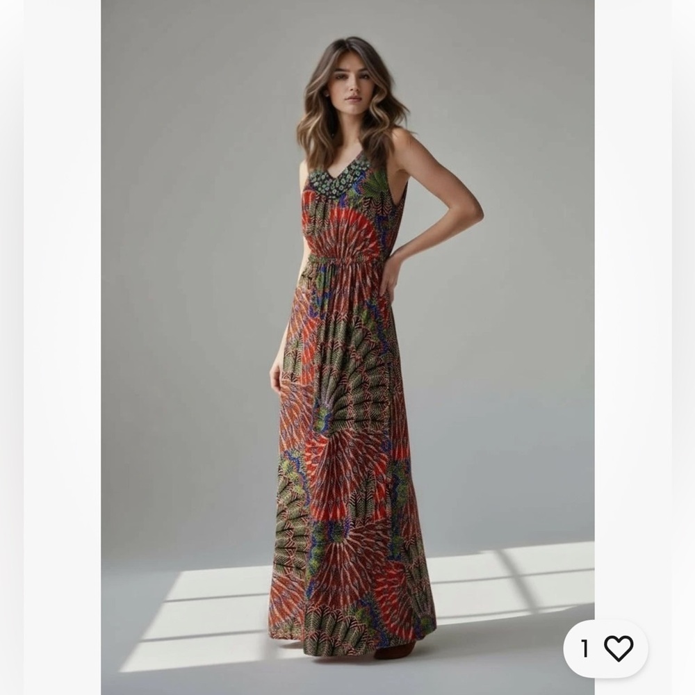 Boho Beaded Scoop Neck Maxi Dress Red Print Rayon Medium